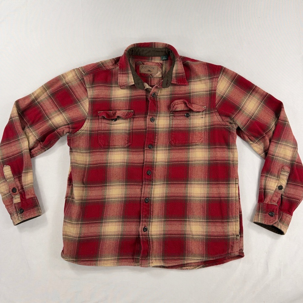 Orvis Flannel Shirt Red Tan Plaid Heavy Cotton Button Down Mens Large